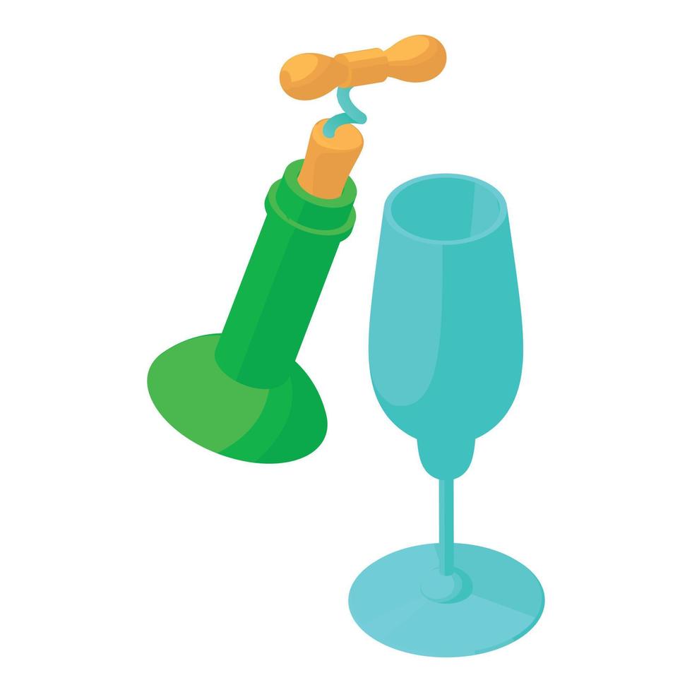 Bottle uncorking icon isometric vector. Openable green bottle wine glass icon vector