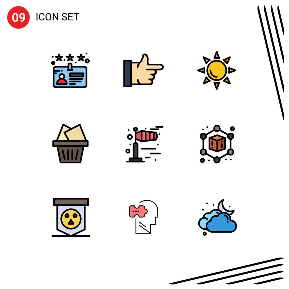 conjunto de 9 iconos de interfaz de usuario modernos símbolos signos para tablero cubo sol frío ventoso elementos de diseño vectorial editables vector