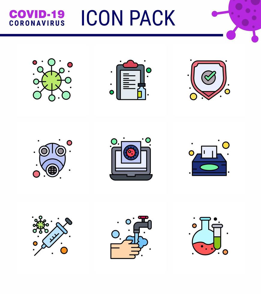 nuevo coronavirus 2019ncov 9 línea llena paquete de iconos de color plano proteger gas vacuna seguridad epidémica viral coronavirus 2019nov enfermedad vector elementos de diseño