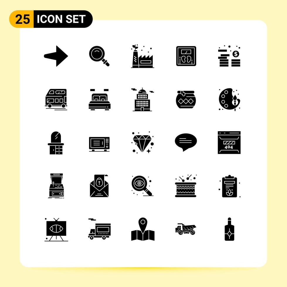 25 Universal Solid Glyphs Set for Web and Mobile Applications bus money green factory investment machine Editable Vector Design Elements