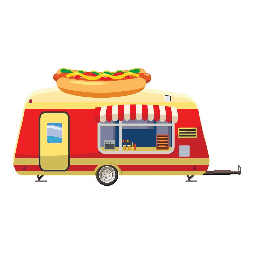 Hot dog trailer mobile snack icon, cartoon style vector