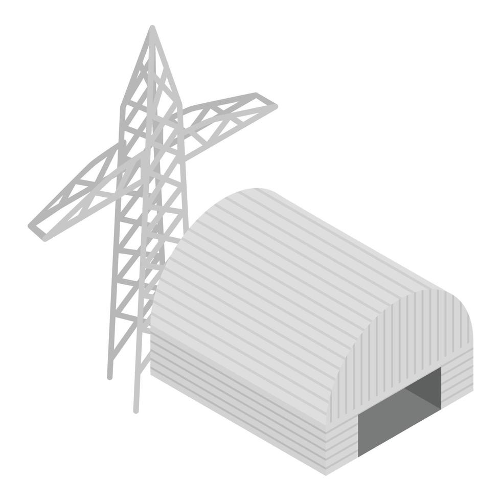 Power transmission icon isometric vector. Power line pylon and hangar building vector