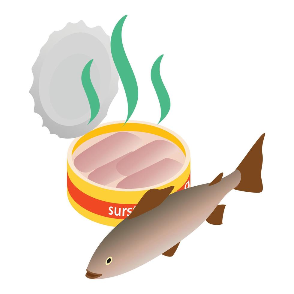 Swedish fish icon isometric vector. Can of surstromming and fresh baltic herring vector