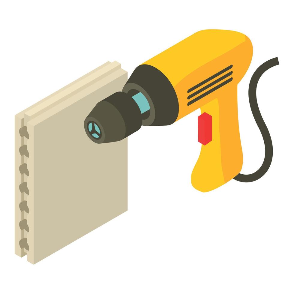 Repair equipment icon isometric vector. Yellow electric drill and drywall panel vector