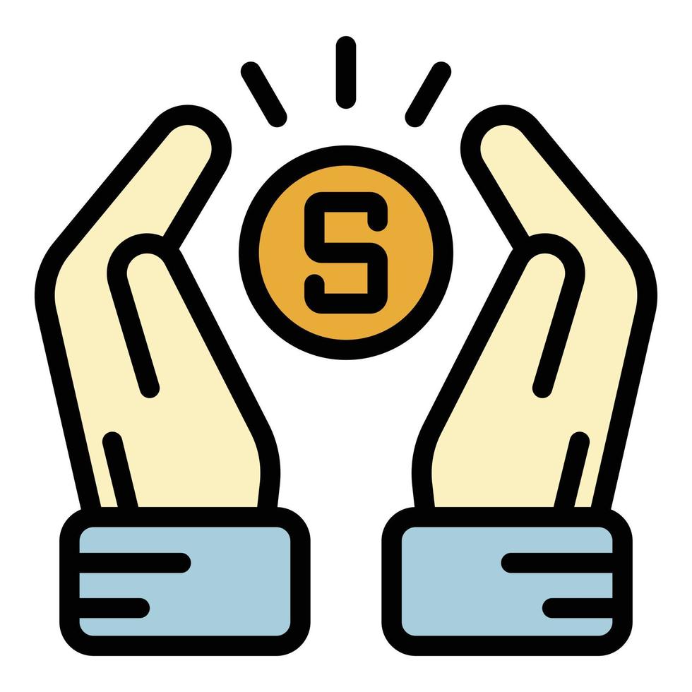 Coin between two palms icon color outline vector