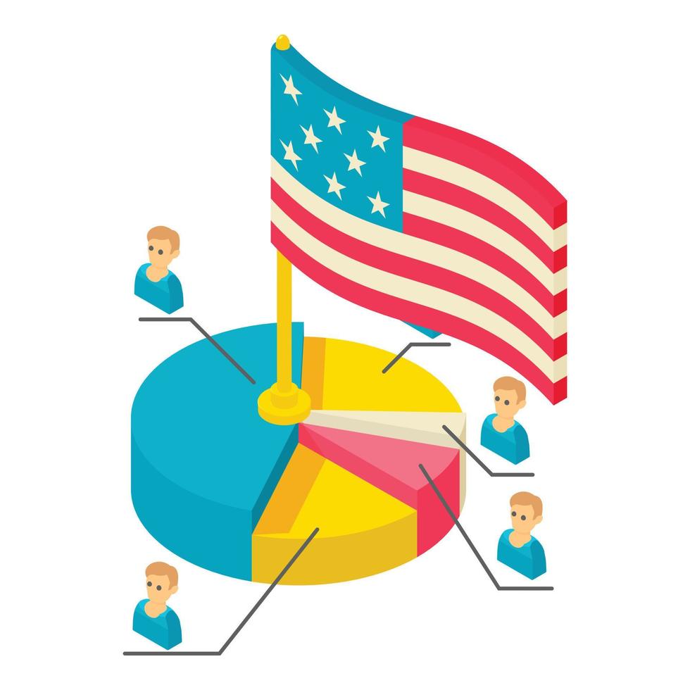 Voter statistic icon isometric vector. Colored pie chart with candidate usa flag vector
