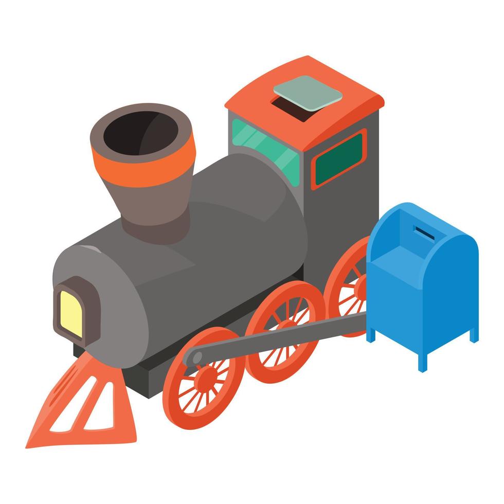 vector isométrico del icono del viaje del ferrocarril. viejo, retro, locomotora, y, postbox, icono