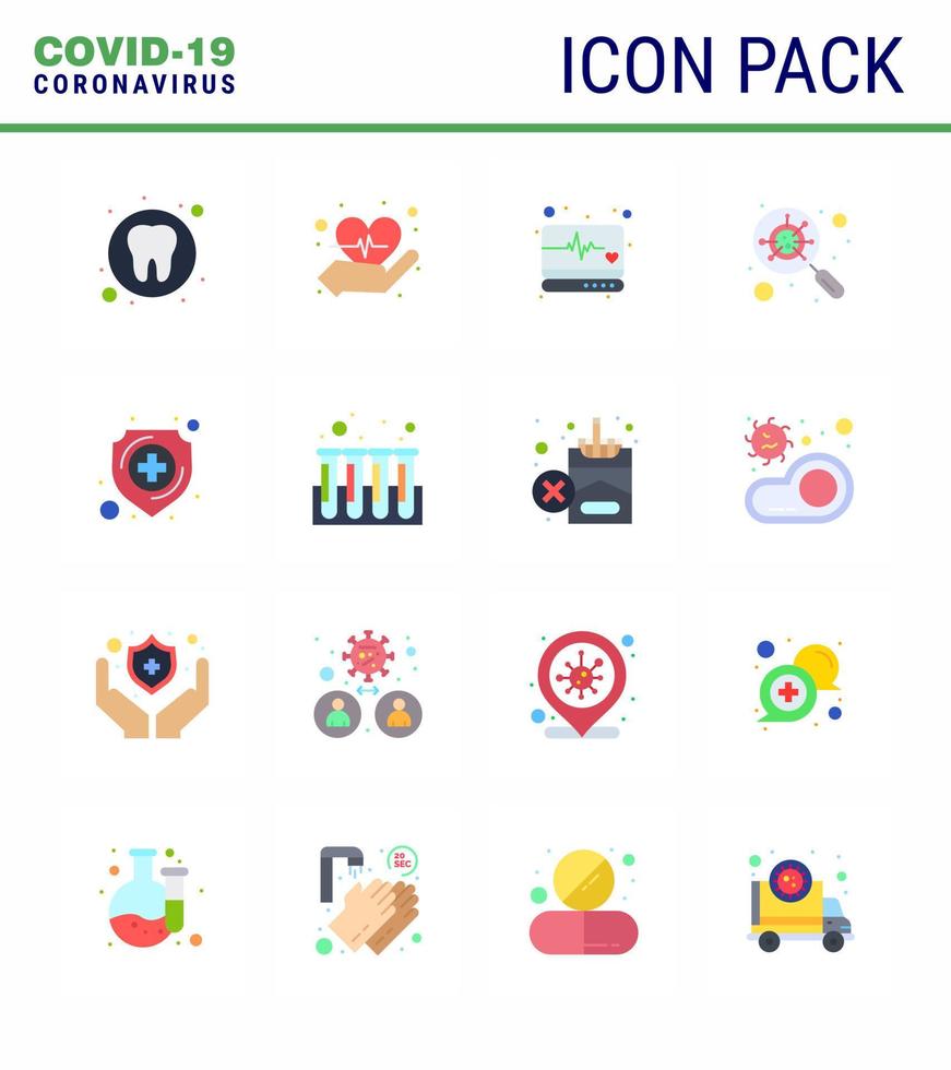 16 Flat Color Coronavirus Covid19 Icon pack such as medical protection medical magnifying glass viral coronavirus 2019nov disease Vector Design Elements