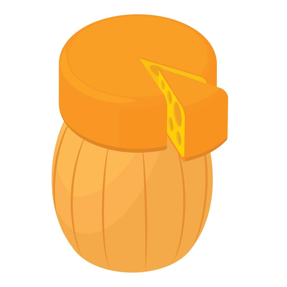 icono de producto de queso vector isométrico. cabeza entera de queso en icono de barril de madera