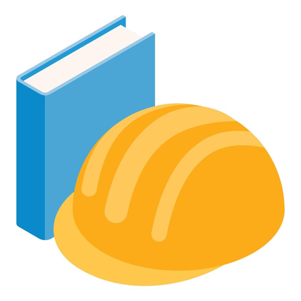 Building education icon isometric vector. Yellow construction helmet and book vector