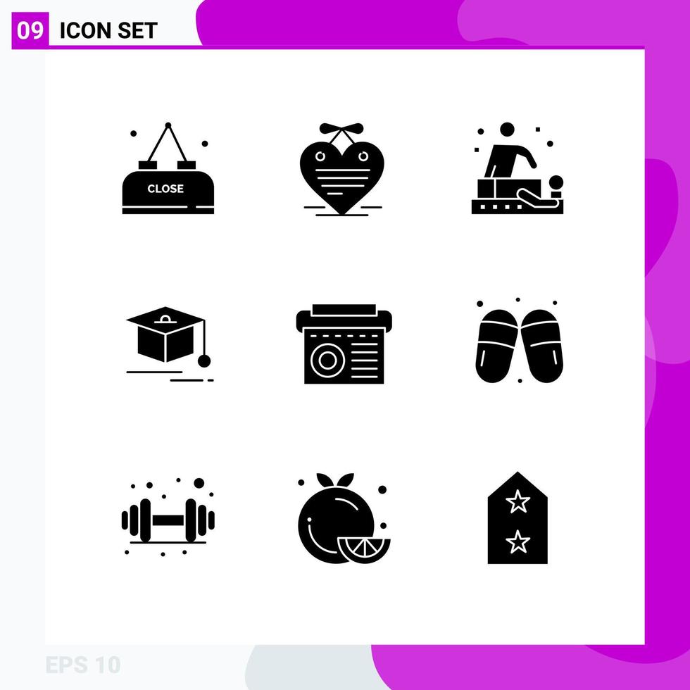 Solid Glyph Pack of 9 Universal Symbols of music device massage graduation cap Editable Vector Design Elements