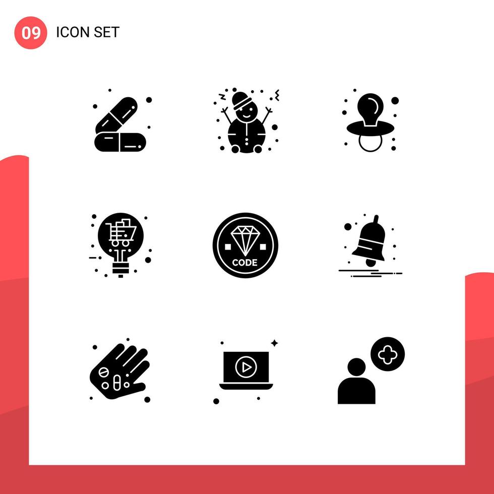 Pack of 9 creative Solid Glyphs of development coding dummy code solution Editable Vector Design Elements