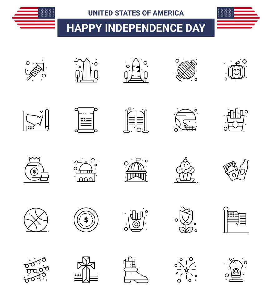 Big Pack of 25 USA Happy Independence Day USA Vector Lines and Editable Symbols of map pumpkin washington american grill Editable USA Day Vector Design Elements