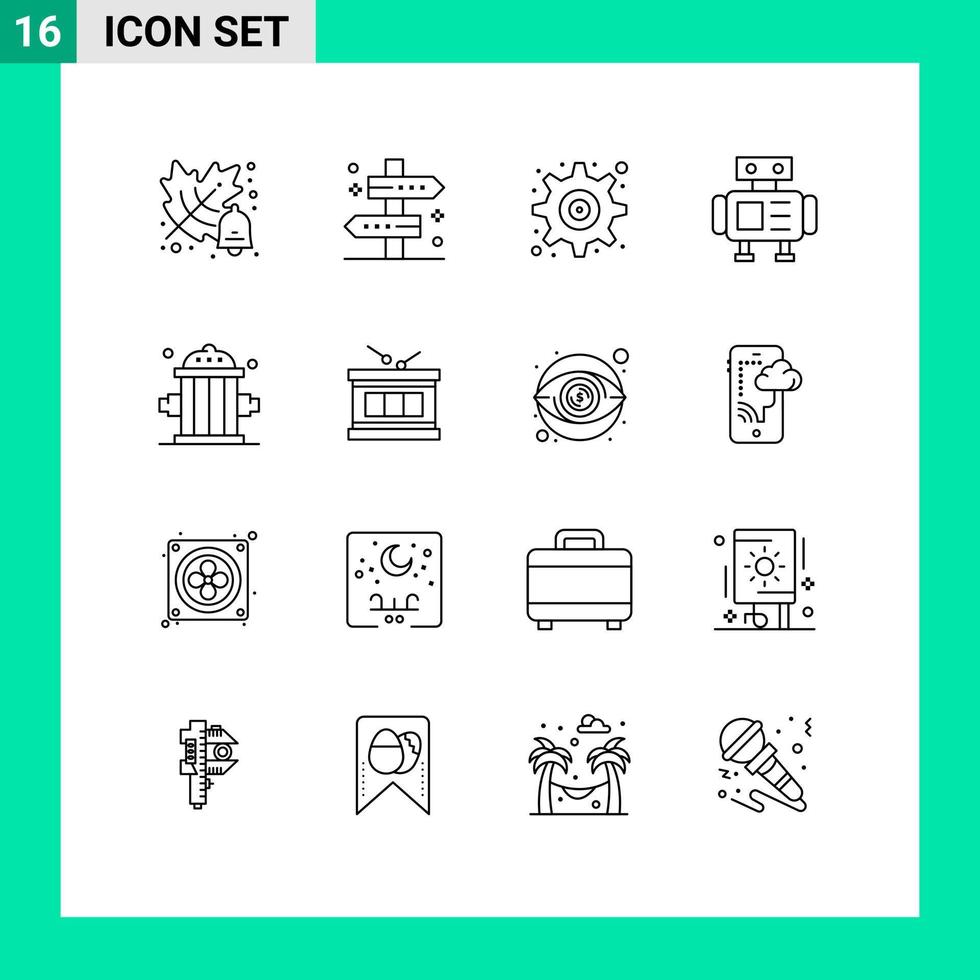 Pack of 16 creative Outlines of firefighter firefighter gear toy robot Editable Vector Design Elements