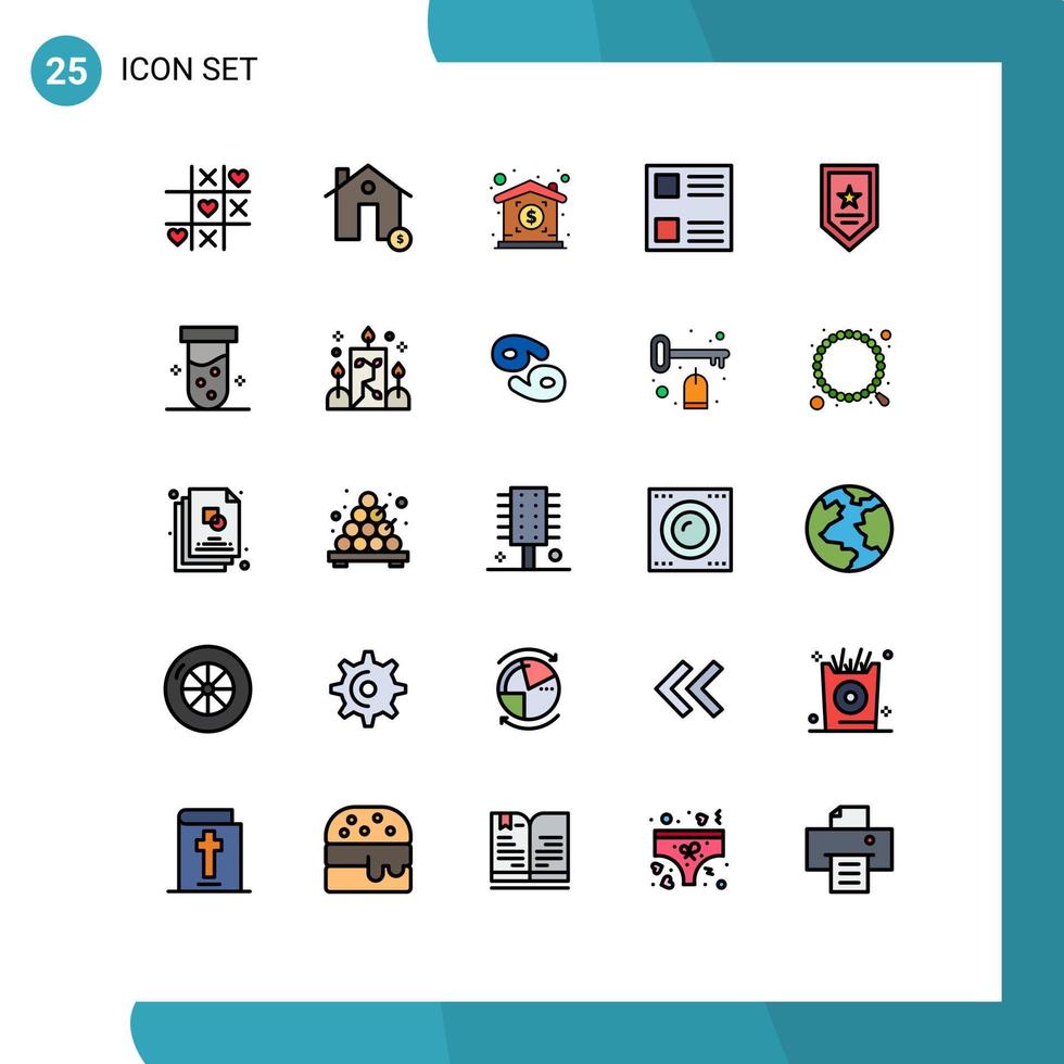 grupo de 25 signos y símbolos de colores planos de línea rellena para elementos de diseño vectorial editables de casilla de verificación de la lista de casas de premios estrella vector