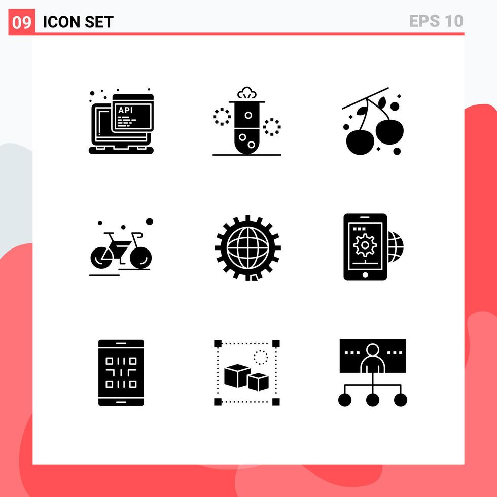 User Interface Pack of 9 Basic Solid Glyphs of coding sport thermal energy cycling bicycle Editable Vector Design Elements