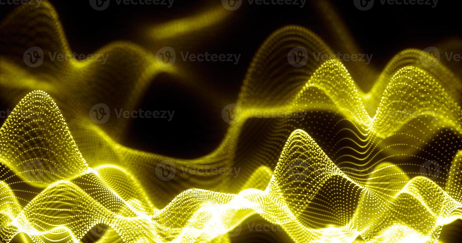 Abstract background of yellow futuristic glowing waves from particles of points and lines of energy and magic on a black background photo