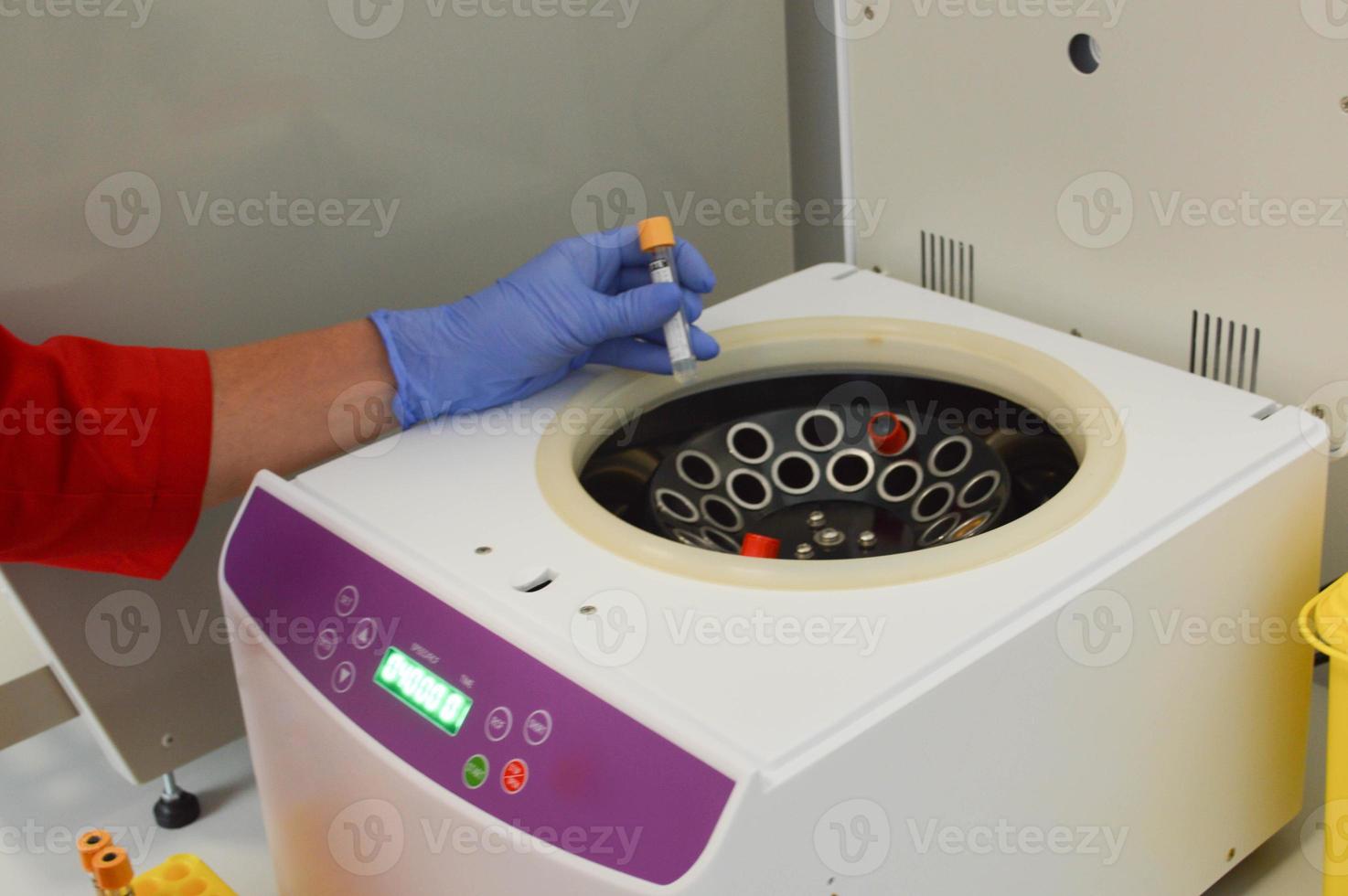tubes are placed in the analyzer for centrifugation. performance of laboratory tests, examination of venous blood in special equipment. doctor puts a test tube in a centrifuge photo