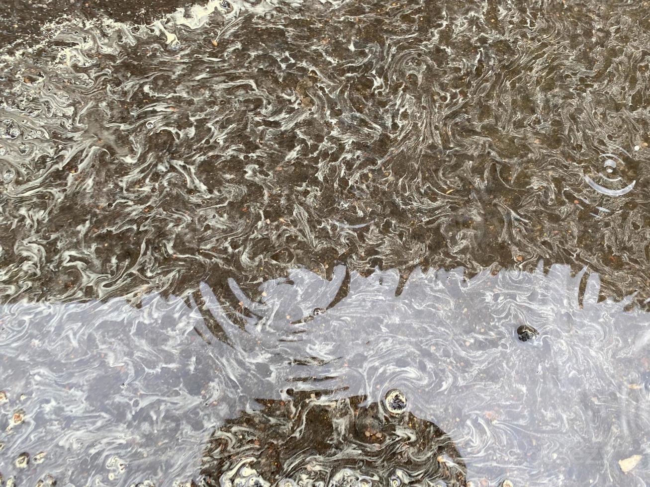 A beautiful surface of blooming rainwater with yellow and white streaks and circles in a puddle. The background. Texture photo