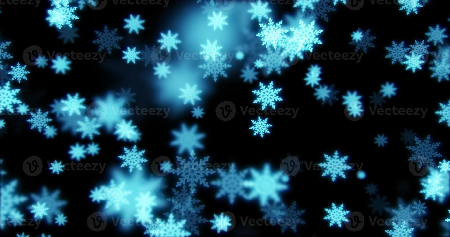 Beautiful festive bokeh effect, blue christmas new year snowflakes shining falling glowing with blur effect on black background. Abstract background. Screensaver photo