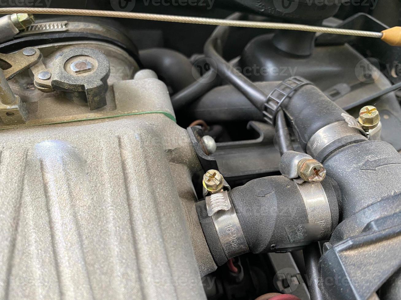 car engine is engine dirty auto parts, dust accumulation. Dusty automobile components photo