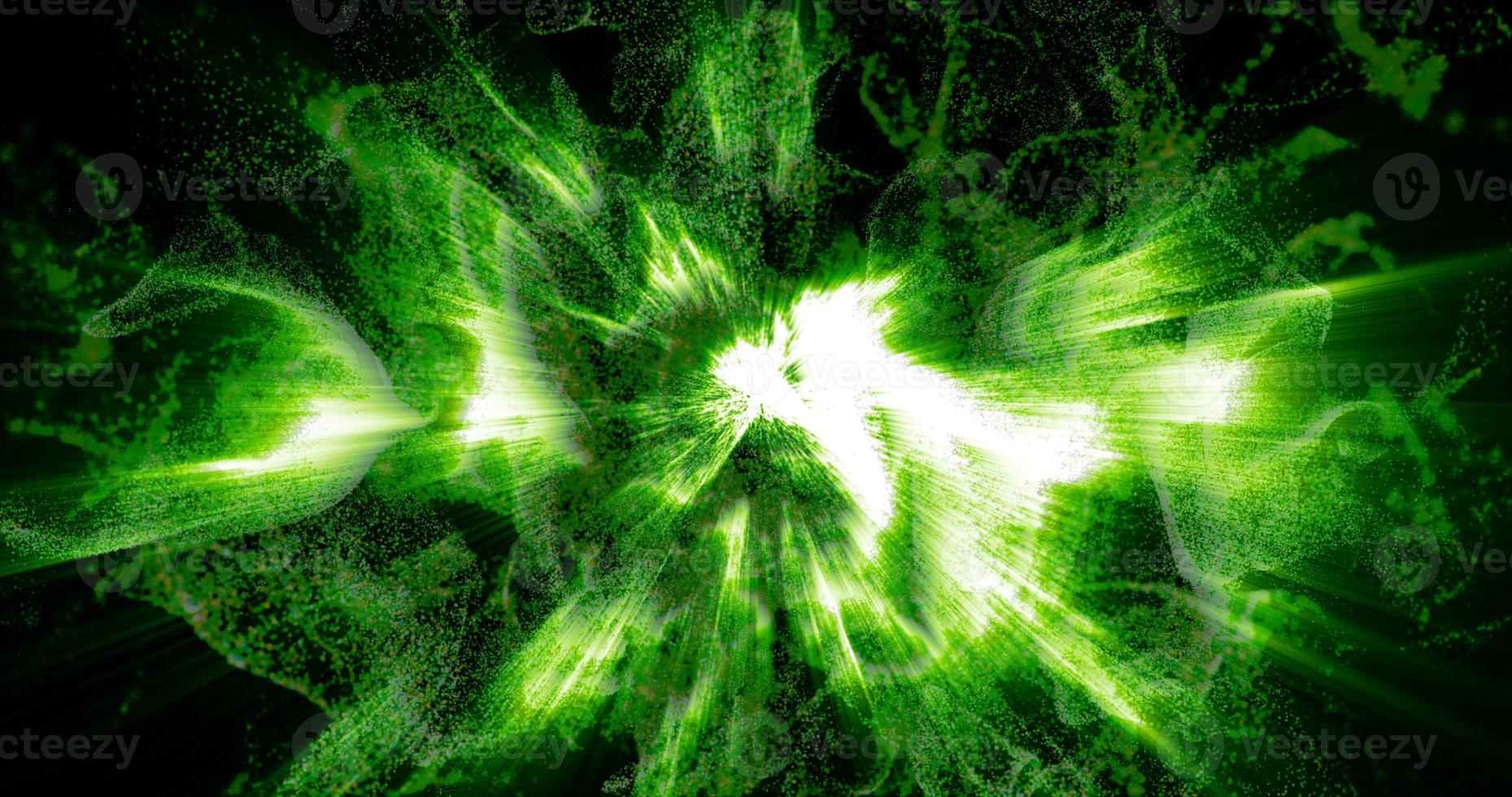 Abstract background of green moving flying small wave particles from smoke with glow and blur effect of exploding sphere. Screensaver beautiful photo