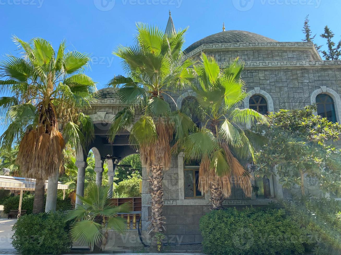 A Muslim fortress or mosque. An Arabian-style palace with a tower somewhere on the outskirts of Riyadh in Saudi Arabia. Aladdin's palace with a palm tree. Oriental architecture photo