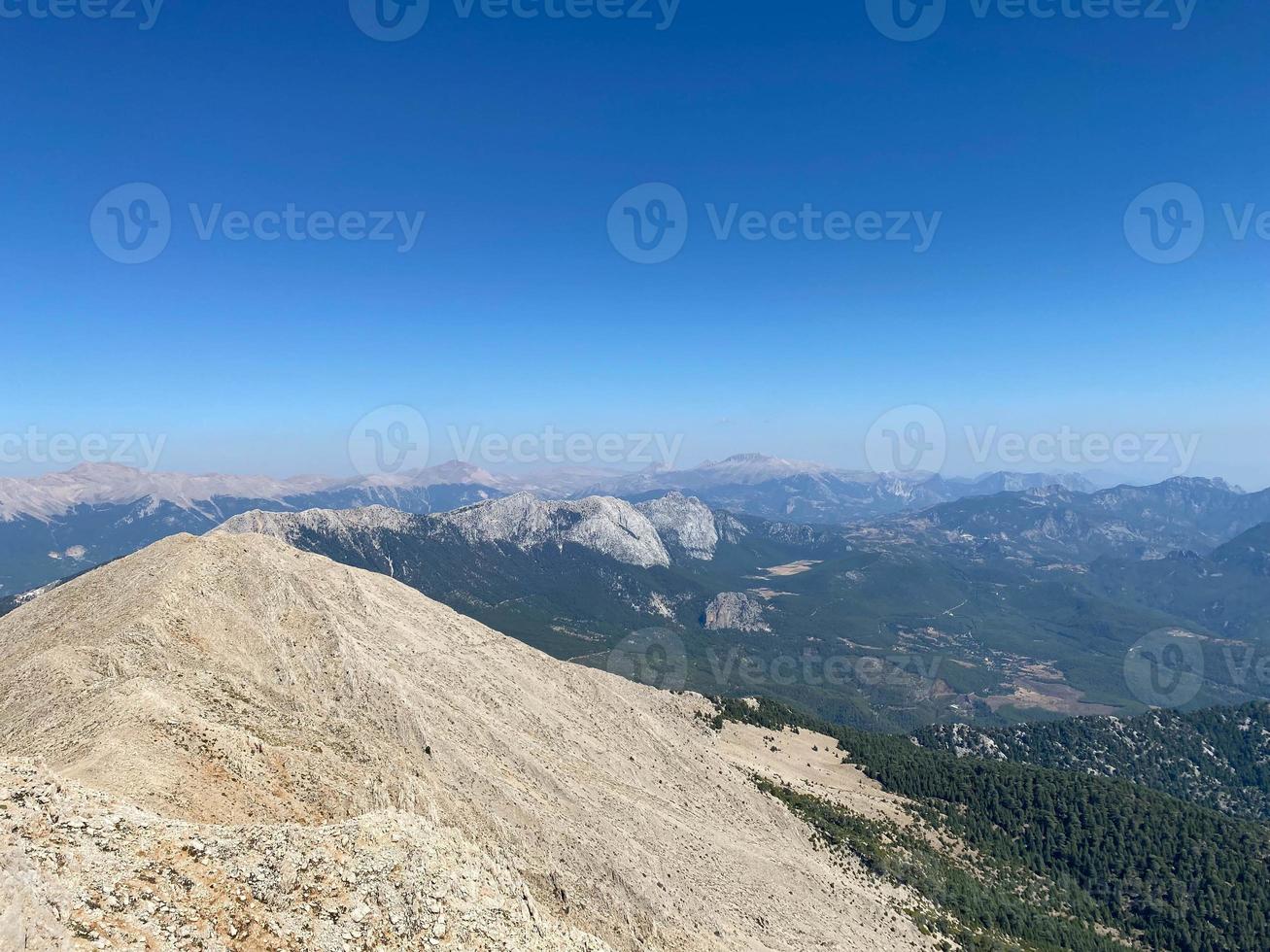 Magic view from the top of AI-Petri mountain in Crimea, Russia on high rocks of Crimean mountains, black sea coast and blue sky photo