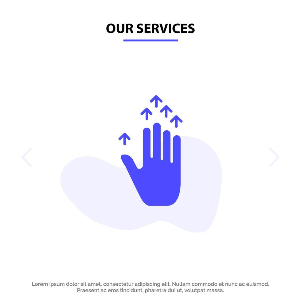 nuestros servicios gesto mano flecha arriba icono de glifo sólido plantilla de tarjeta web vector