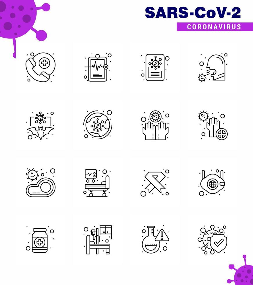 conjunto de iconos covid19 para el paquete infográfico de 16 líneas, como el informe del virus del estornudo del portador, los elementos de diseño del vector de la enfermedad del coronavirus viral 2019nov de atención médica enferma