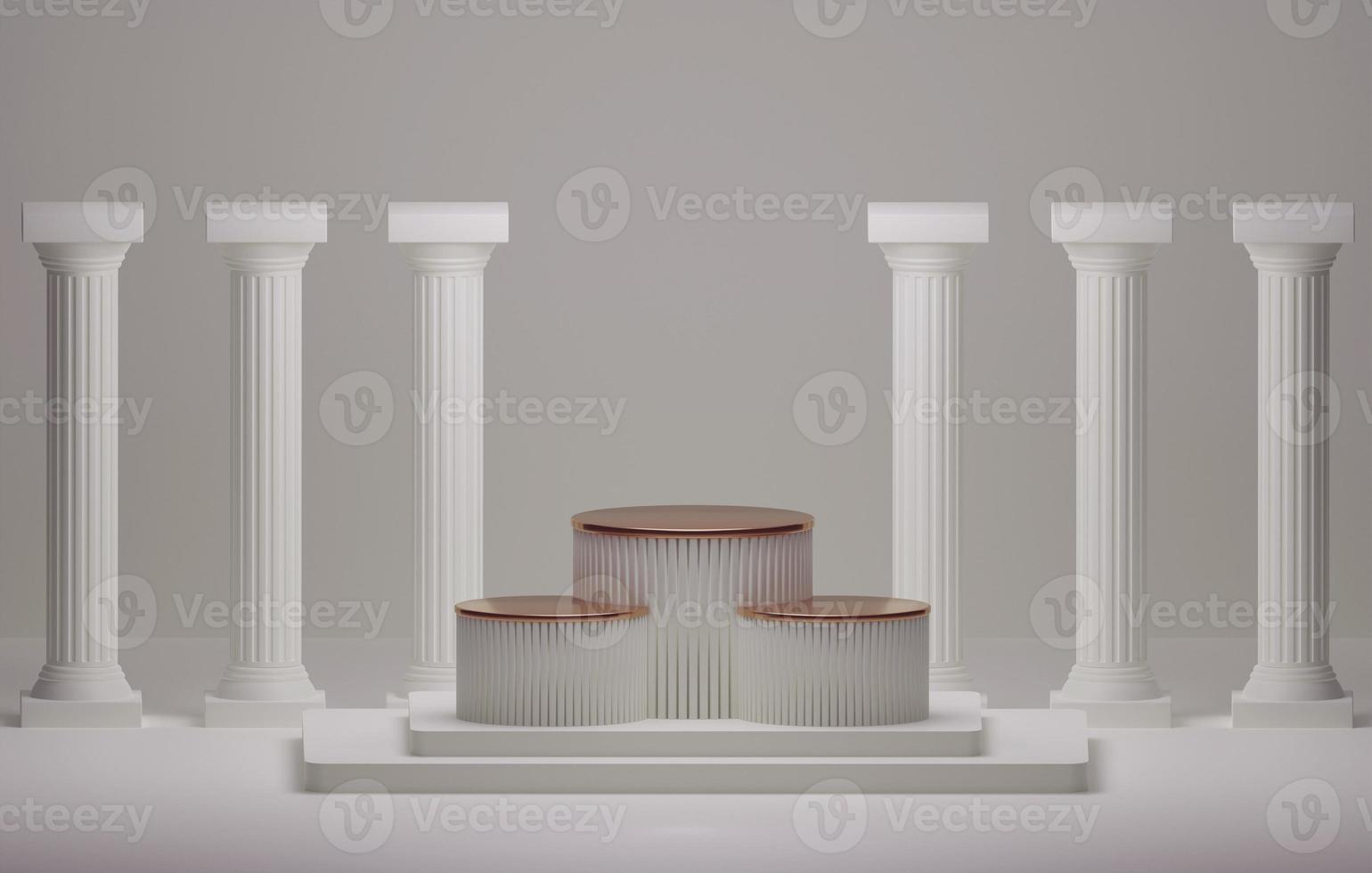 pilar de estilo griego antiguo tres podios fondo de color blanco para el escenario de productos cosméticos y espacio publicitario. ilustración 3d, representación 3d foto