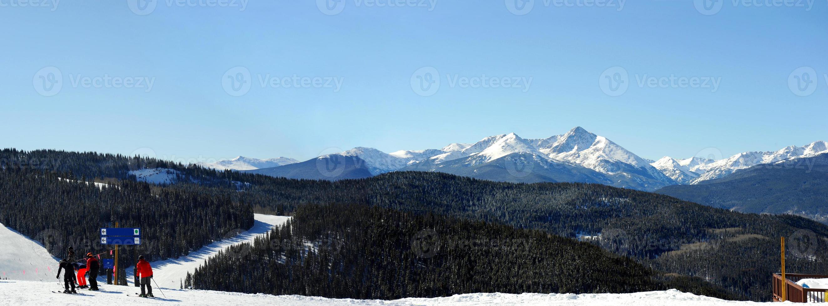 Panoramic view of the mountain top ski slopes in Vail, Colorado covered in perfect skiing snow. photo