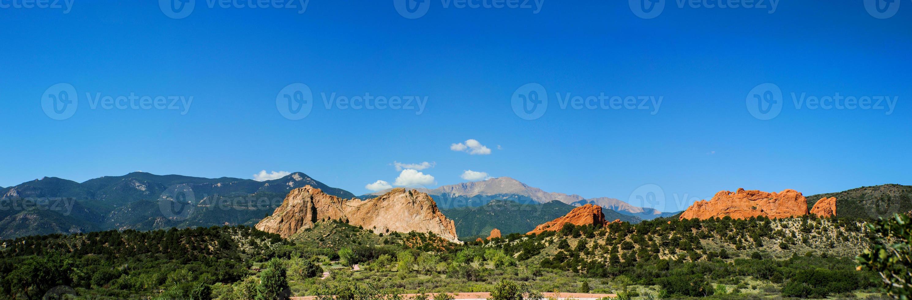 Panoramic view of Rock formations at the entrance of the Garden of the Gods in Colorado Springs, Colorado photo