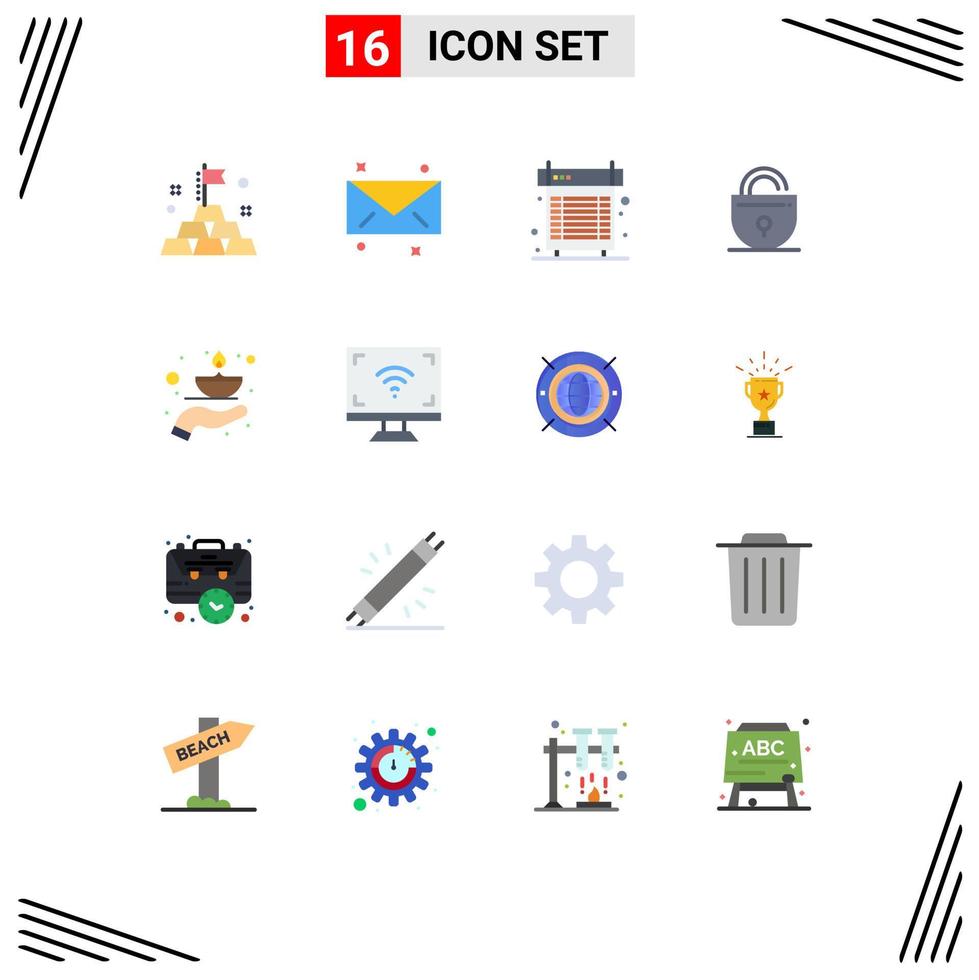 Flat Color Pack of 16 Universal Symbols of flame care fan internet locked Editable Pack of Creative Vector Design Elements