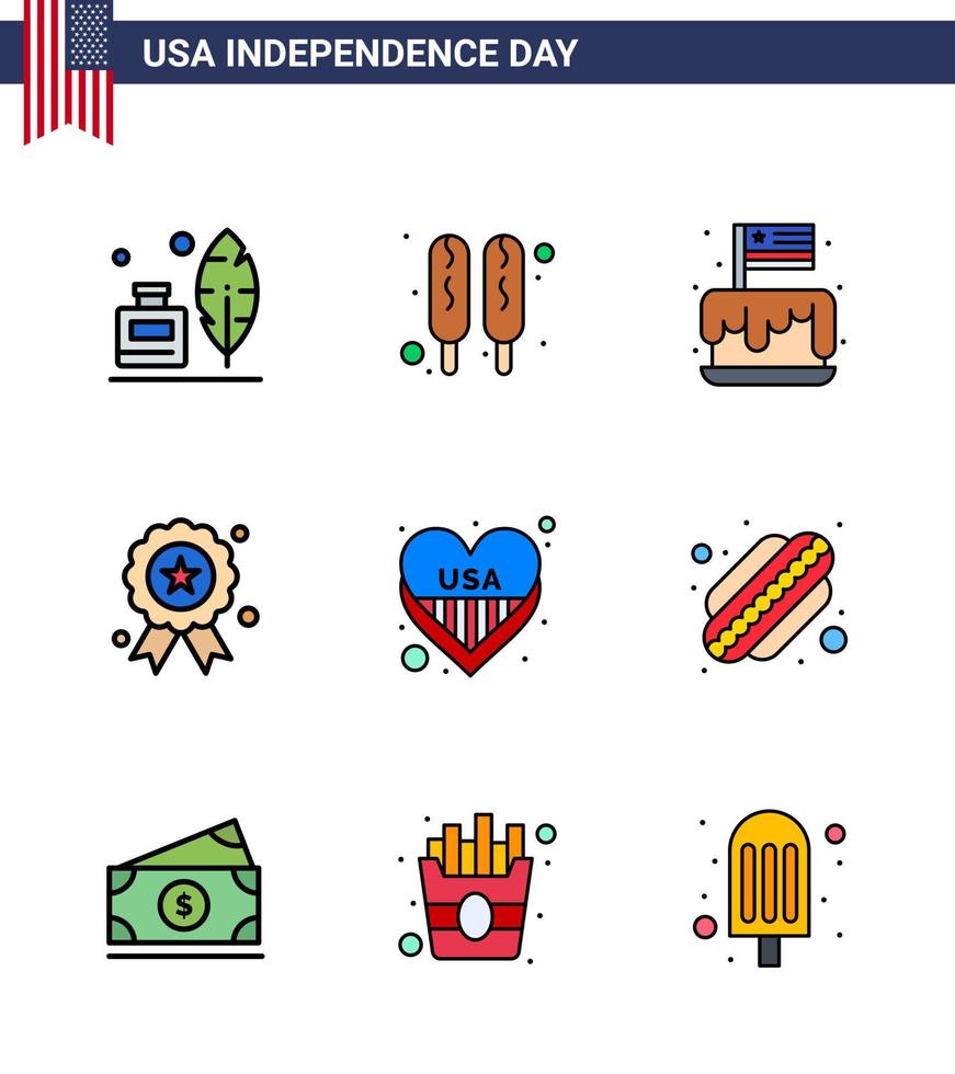 feliz día de la independencia 9 líneas llenas planas paquete de iconos para web e imprimir medalla de corazón pastel día de la independencia vacaciones elementos de diseño vectorial del día de estados unidos editables vector