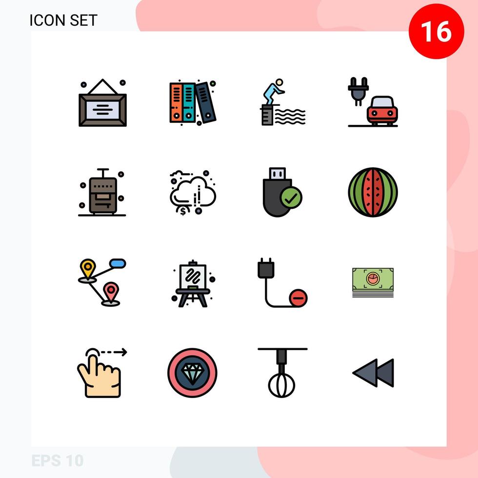 Universal Icon Symbols Group of 16 Modern Flat Color Filled Lines of travel bag jump electric car Editable Creative Vector Design Elements