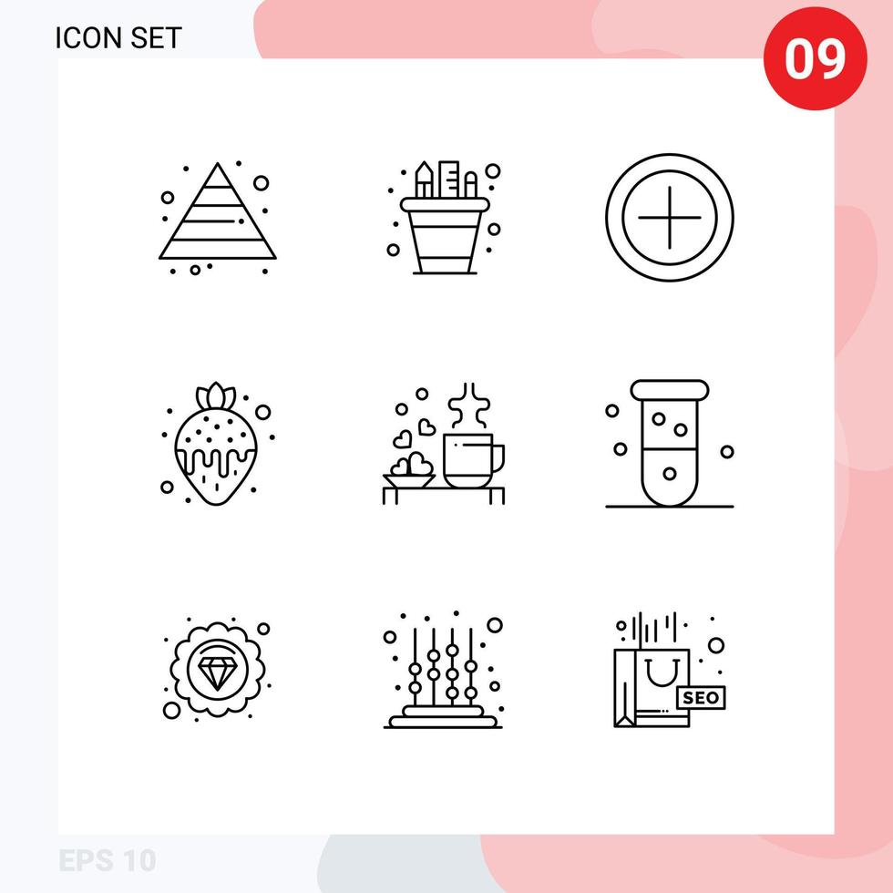 Set of 9 Modern UI Icons Symbols Signs for hearts tea finance strawberry fondue food Editable Vector Design Elements