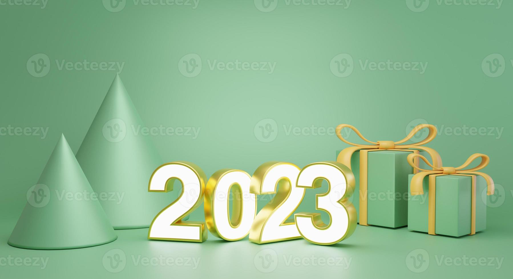 3d rendering 2023 number with green gift box, green cone on green background. concept happy new year 2023. copy space photo