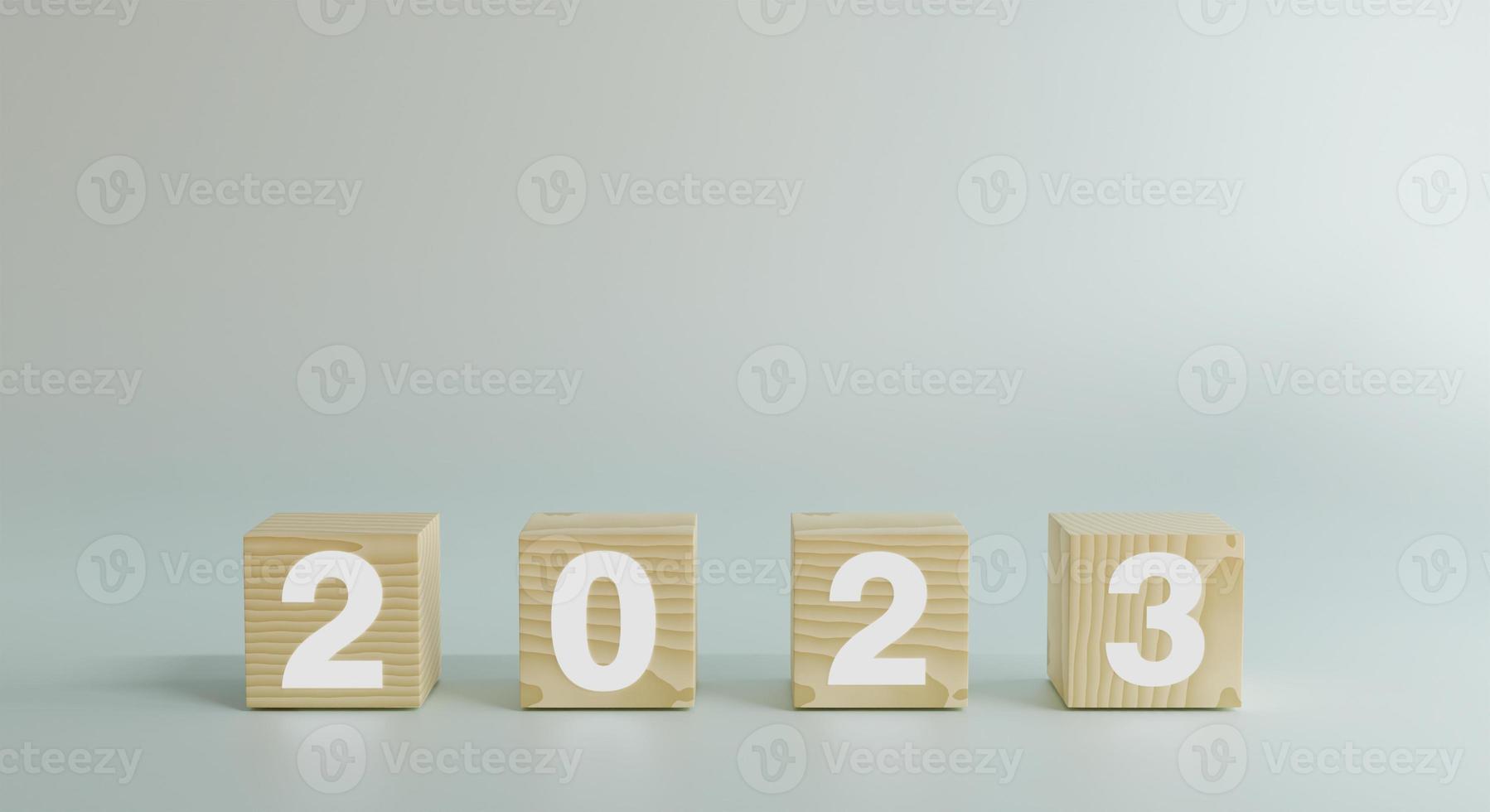 Happy new year 2023, horizontal wood blocks cube or square with number 2023 on white background. New year 2023 concept.3d rendering. with copy space. photo