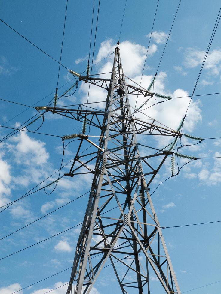 High-voltage corner tower with lots of wires. photo