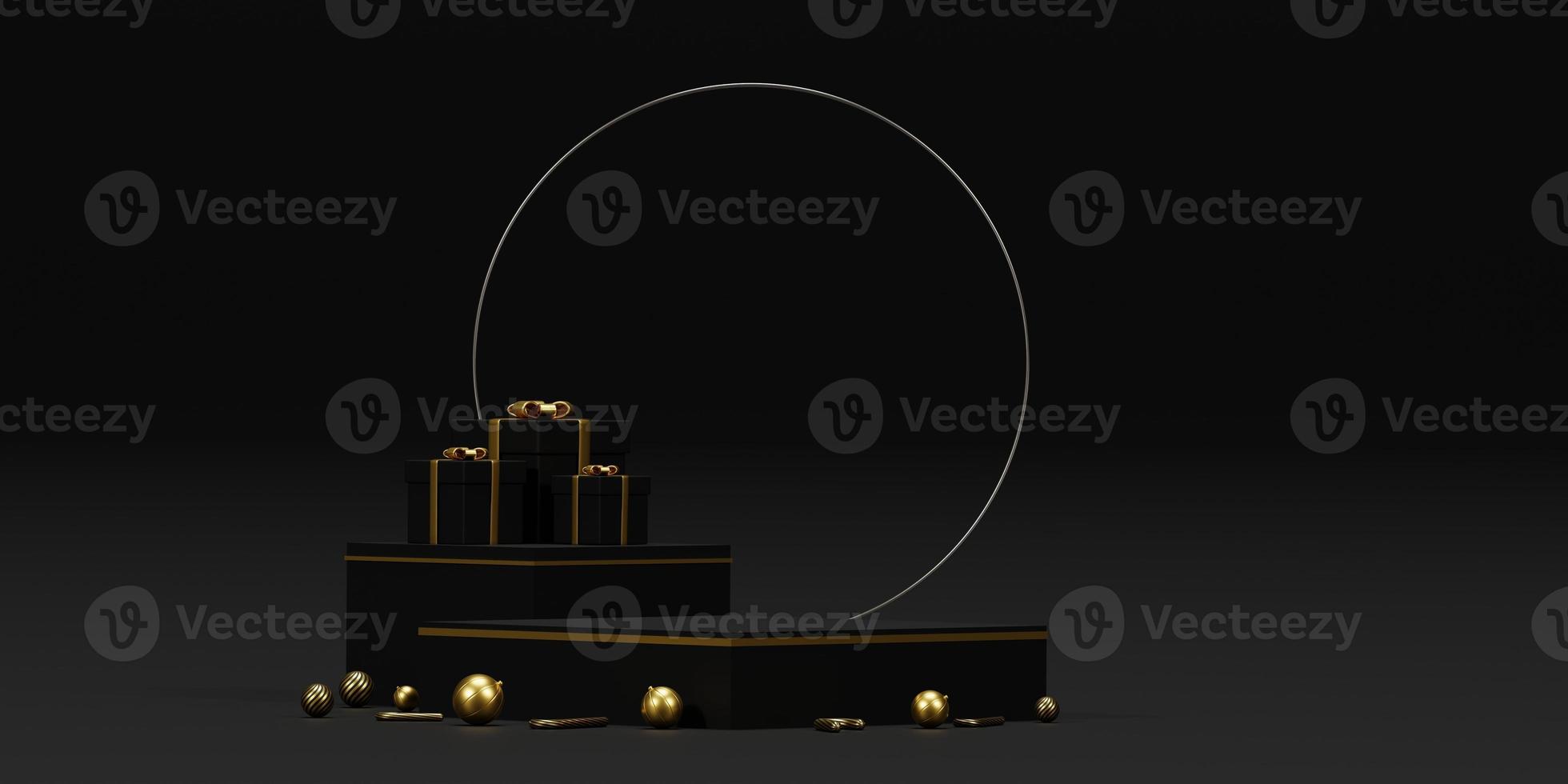 Background 3d render Christmas and new year gold and black colors Background. 3d design Christmas and new year luxury background. Merry Christmas and Happy New Year concept. 3D illustration photo
