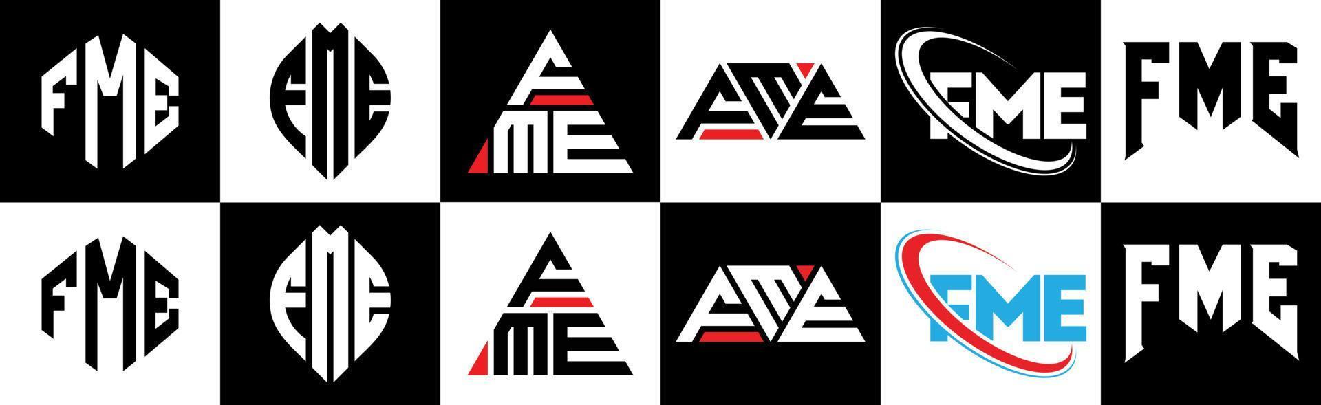 diseño de logotipo de letra fme en seis estilos. fme polígono, círculo, triángulo, hexágono, estilo plano y simple con logotipo de letra de variación de color blanco y negro en una mesa de trabajo. logotipo minimalista y clásico de fme vector