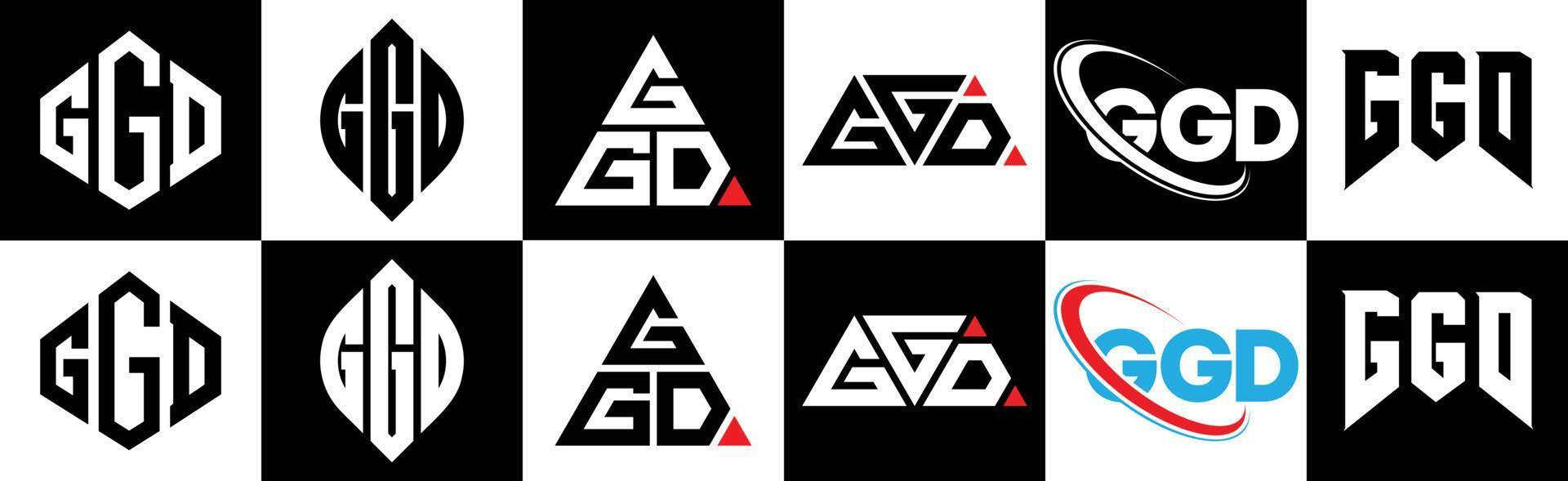 GGD letter logo design in six style. GGD polygon, circle, triangle, hexagon, flat and simple style with black and white color variation letter logo set in one artboard. GGD minimalist and classic logo vector