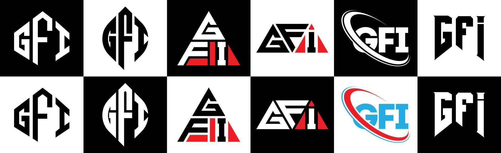 diseño de logotipo de letra gfi en seis estilos. gfi polígono, círculo, triángulo, hexágono, estilo plano y simple con logotipo de letra de variación de color blanco y negro en una mesa de trabajo. logotipo minimalista y clásico de gfi vector