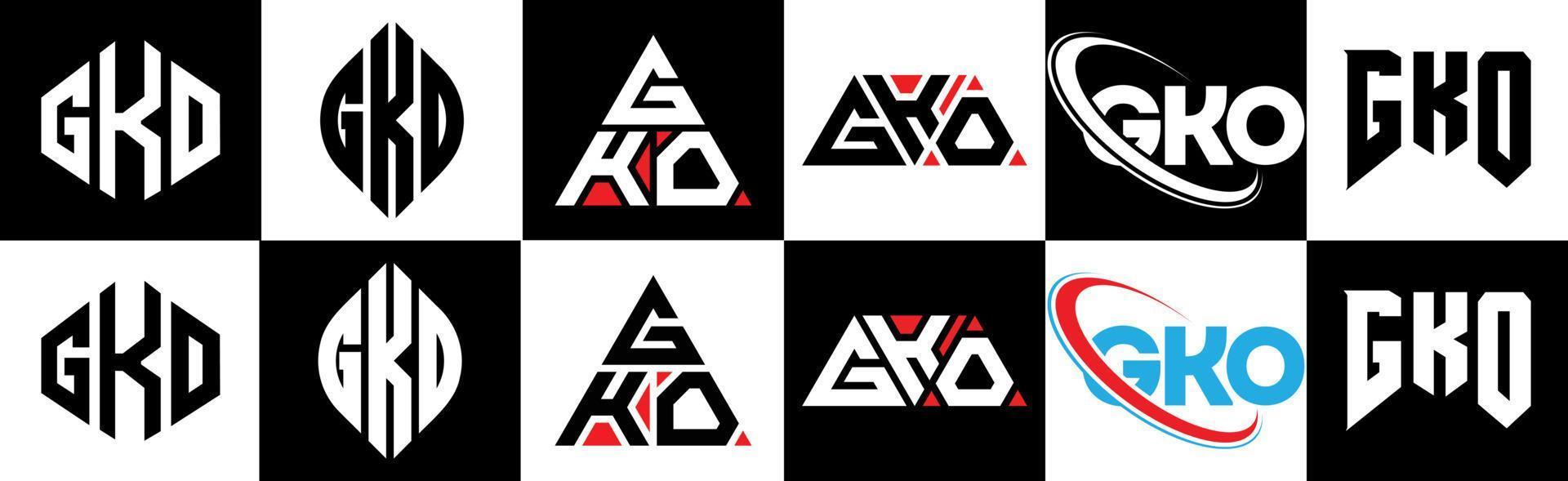 diseño de logotipo de letra gko en seis estilos. gko polígono, círculo, triángulo, hexágono, estilo plano y simple con logotipo de letra de variación de color blanco y negro en una mesa de trabajo. logotipo minimalista y clásico de gko vector