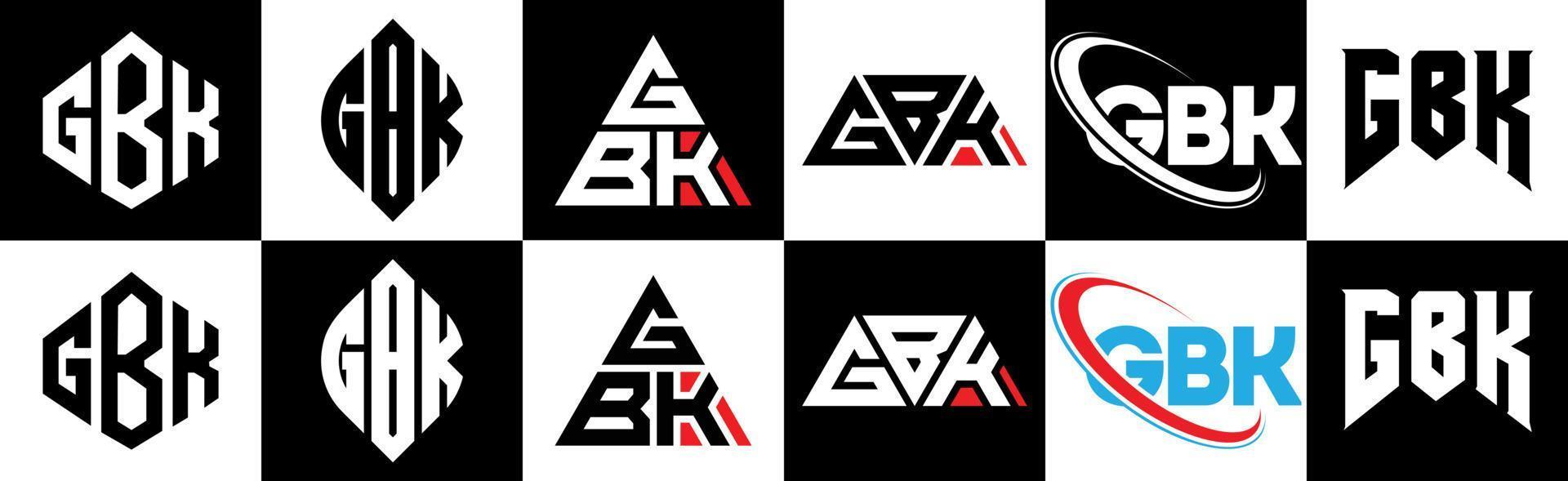 diseño de logotipo de letra gbk en seis estilos. polígono gbk, círculo, triángulo, hexágono, estilo plano y simple con logotipo de letra de variación de color blanco y negro en una mesa de trabajo. logotipo minimalista y clásico de gbk vector