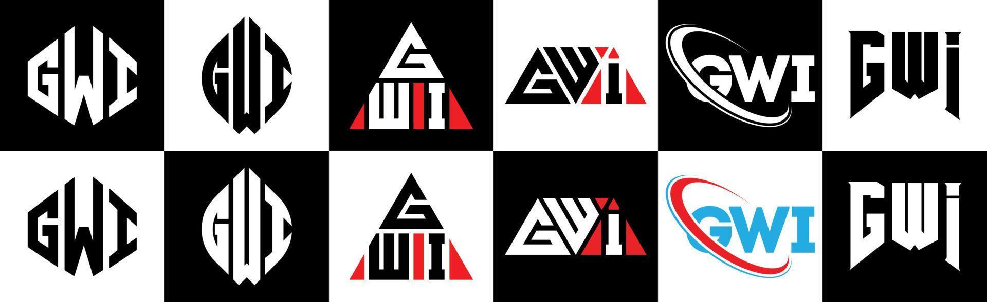 diseño de logotipo de letra gwi en seis estilos. gwi polígono, círculo, triángulo, hexágono, estilo plano y simple con logotipo de letra de variación de color blanco y negro en una mesa de trabajo. logotipo minimalista y clásico de gwi vector