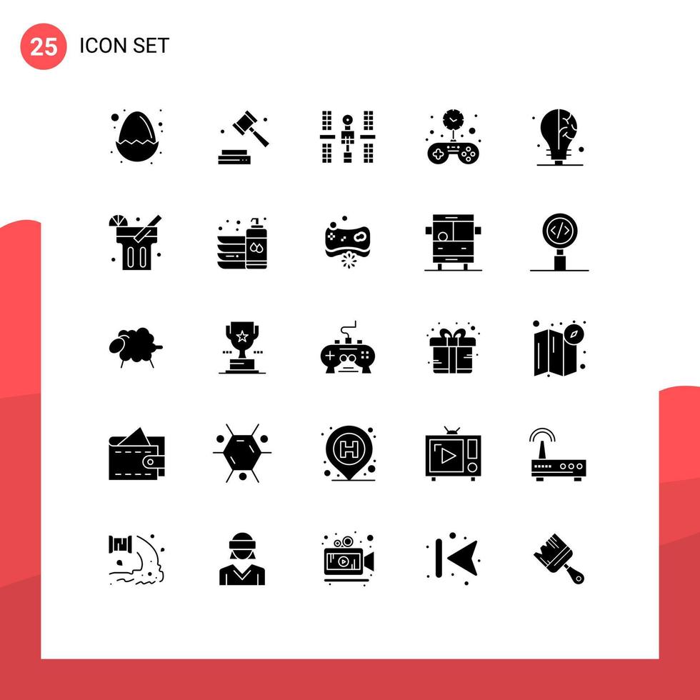 paquete de 25 signos y símbolos de glifos sólidos modernos para medios de impresión web como elementos de diseño de vectores editables de espacio de juego complejo sólido de bulbo