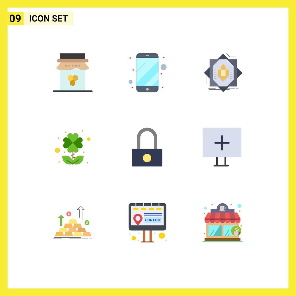 Flat Color Pack of 9 Universal Symbols of lock four electronic clover formation Editable Vector Design Elements