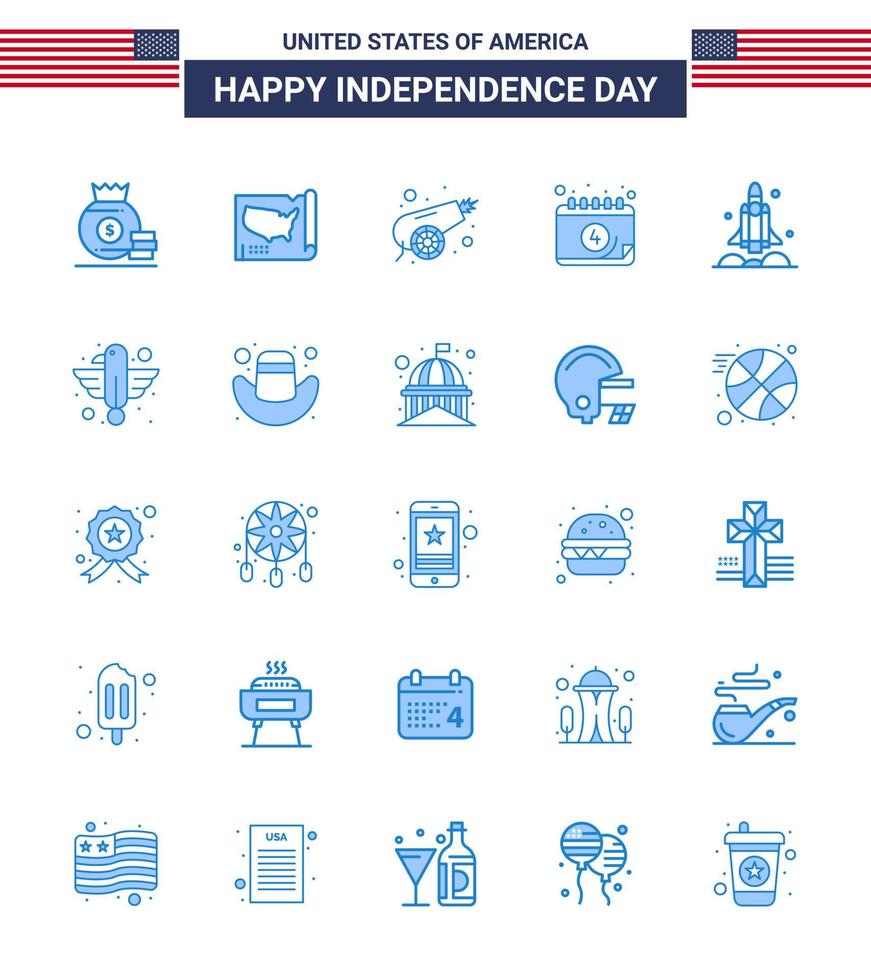Pack of 25 creative USA Independence Day related Blues of rocket day army date american Editable USA Day Vector Design Elements